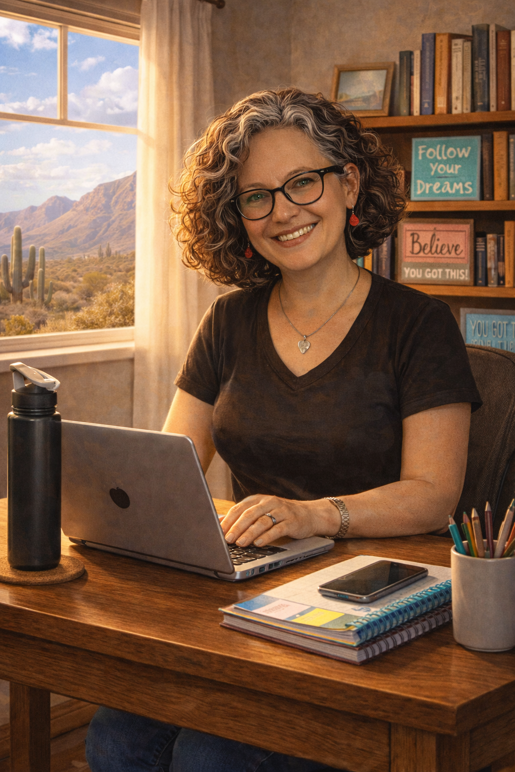AI generated picture of owner working on laptop in room filled with books and window overlooking desert landscape in background