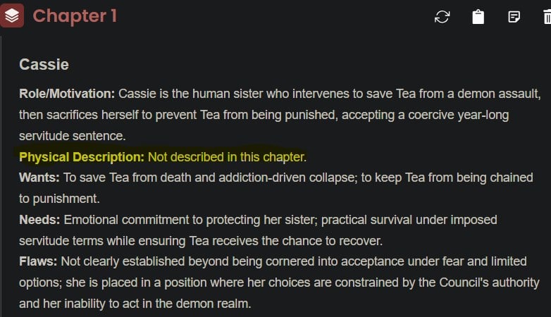 Screenshot of an AutoCrit Chapter 1 character analysis for Cassie, with the line “Physical Description: Not described in this chapter.” highlighted in yellow.