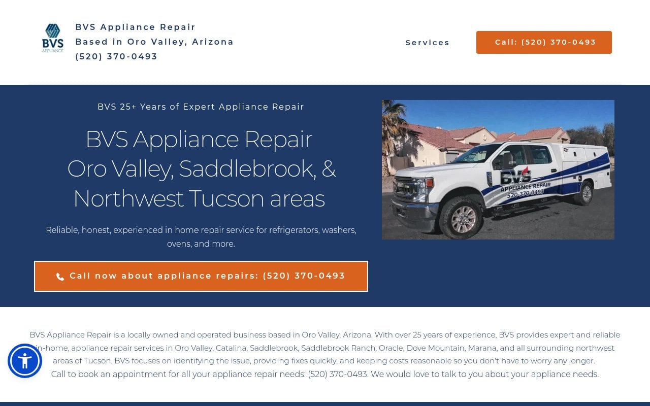 BVS Appliance Repair website homepage