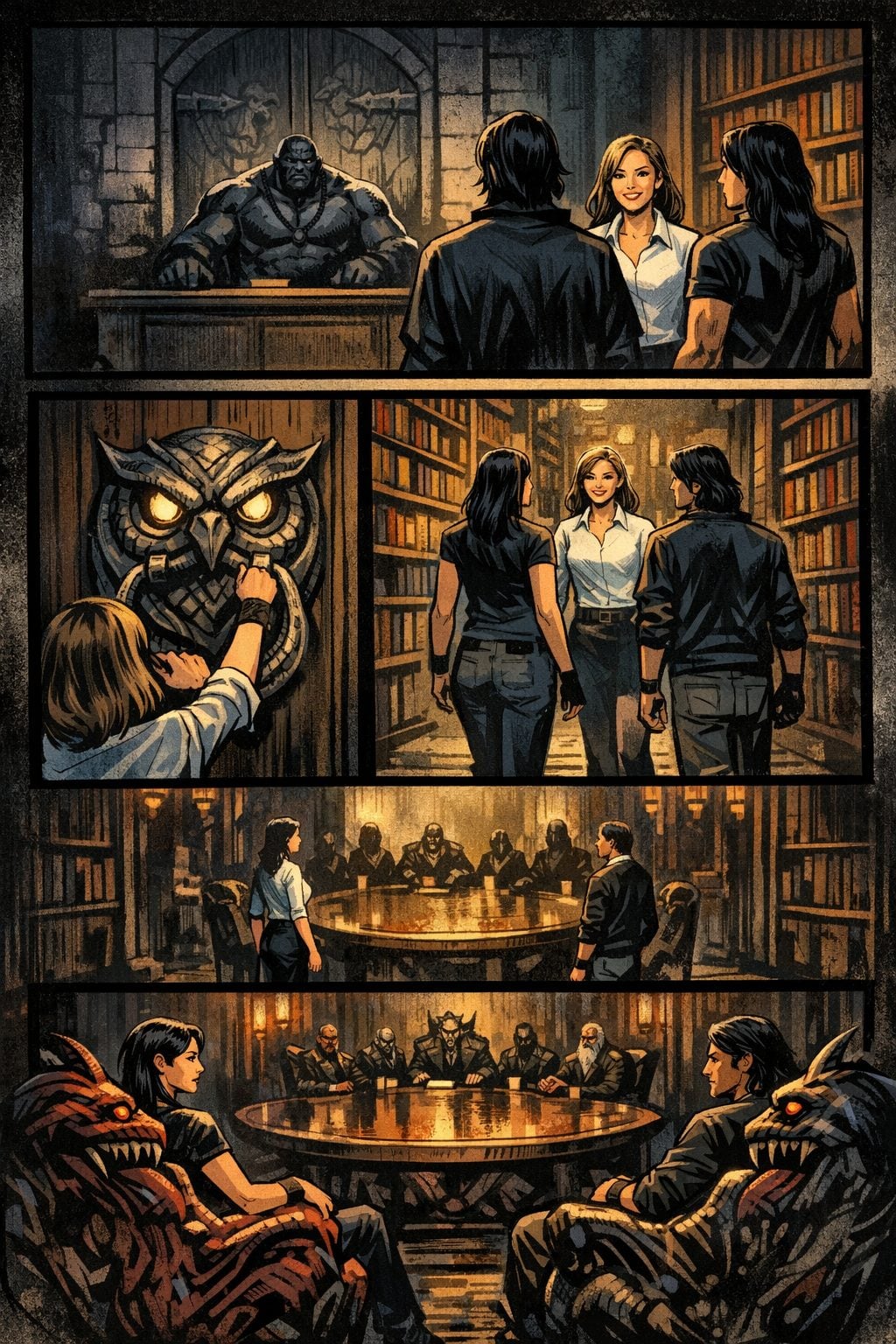 AI-generated comic book page in four panels: a smiling woman in a light-colored blouse between two dark-haired companions faces a stone figure at a desk, knocks with an owl-shaped door knocker, walks through a library, and sits at a round council table with shadowy figures and demon-like creatures.