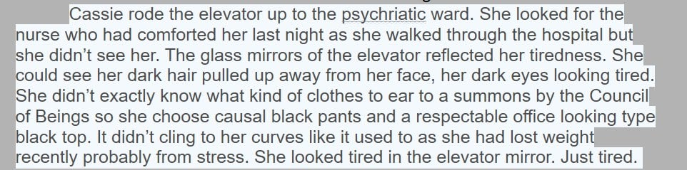 Screenshot of a highlighted rough-draft paragraph from The Split in which Cassie sees her tired face, dark hair, and dark eyes reflected in the elevator mirrors.